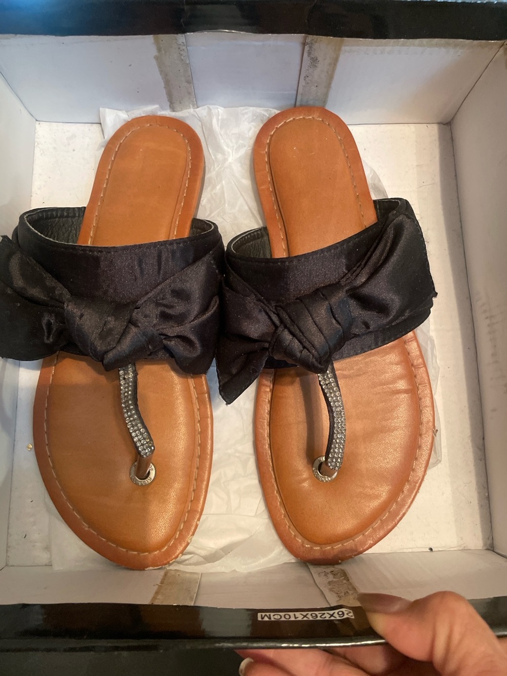 Black Bow Thong Sandals with Tan Footbed